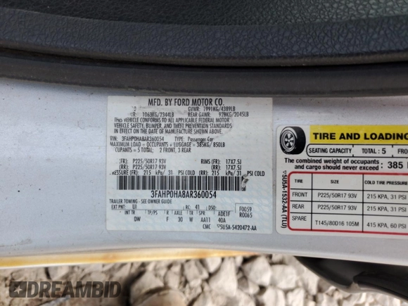2010 Ford Fusion SE with VIN 3FAHP0HA8AR360054, listed as a Copart auction lot 59175125 with 295,590 mi miles and Non repairable. Bid and sale history available at DreamBid. Image 12.