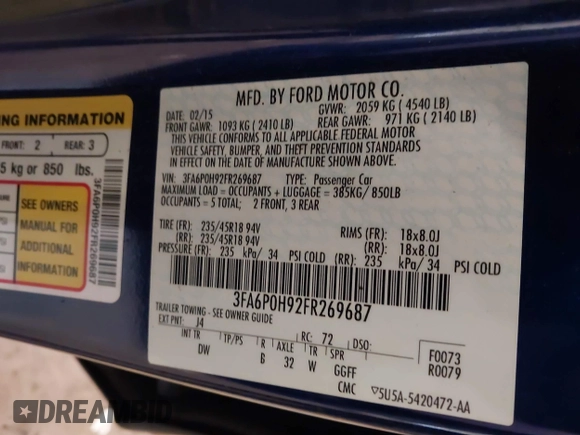 2015 Ford Fusion SE with VIN 3FA6P0H92FR269687, listed as a IAAI auction lot 41906691 with 141,942 mi miles and . Bid and sale history available at DreamBid. Image 9.