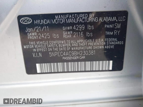 2011 Hyundai Sonata SE with VIN 5NPEC4AC9BH230381, listed as a IAAI auction lot 41781969 with 161,916 mi miles. Bid and sale history available at carsss.com. Image 9.
