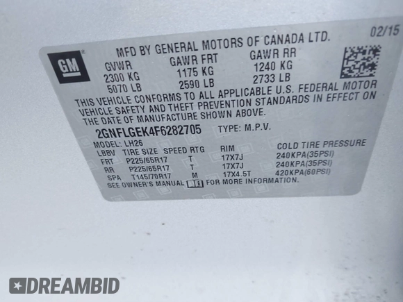 2015 Chevrolet Equinox LT with VIN 2GNFLGEK4F6282705, listed as a IAAI auction lot 41752938 with 67,666 mi miles. Bid and sale history available at carsss.com. Image 9.