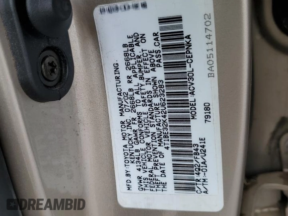 2002 Toyota Camry LE z VIN 4T1BE32K42U623283, wystawiony jako Copart lot #55631065 z przebiegiem 96 830 mil mil oraz Szkoda całkowita • Salvage title. Historia ofert i sprzedaży dostępna na DreamBid. Obrazek 12.
