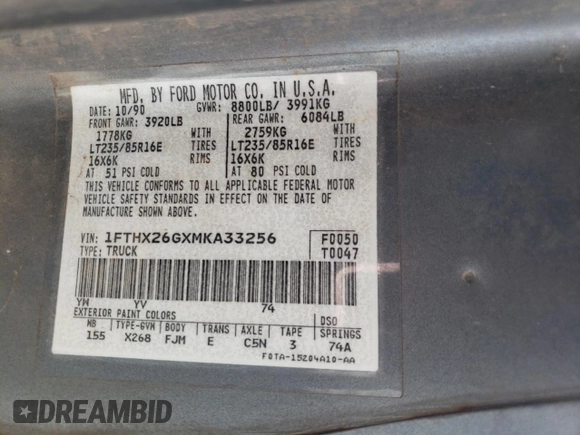 1991 Ford F-250 с VIN 1FTHX26GXMKA33256, выставлен на аукционе Copart как лот 59715565 с пробегом 93 443 миль миль и Чистый • Clean title. История ставок и продаж доступна на DreamBid. Изображение 12.