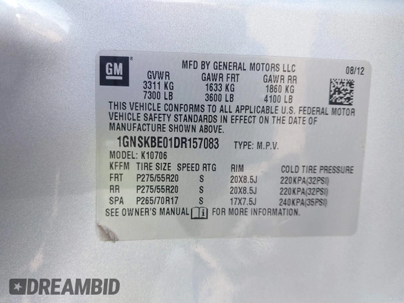 2013 Chevrolet Tahoe LT with VIN 1GNSKBE01DR157083, listed as a IAAI auction lot 41759189 with 153,403 mi miles and . Bid and sale history available at DreamBid. Image 9.