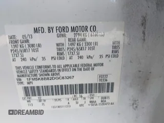 2013 Ford Explorer with VIN 1FM5K8B82DGC83267, listed as a IAAI auction lot 42564197 with 221,103 mi miles and . Bid and sale history available at DreamBid. Image 9.