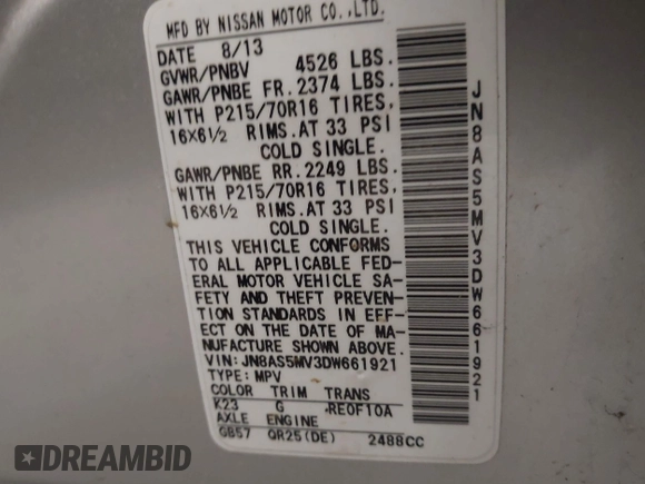 2013 Nissan Rogue S with VIN JN8AS5MV3DW661921, listed as a IAAI auction lot 41975303 with 116,929 mi miles and . Bid and sale history available at DreamBid. Image 9.