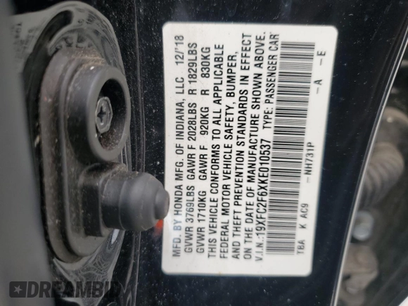 2019 Honda Civic LX with VIN 19XFC2F6XKE010537, listed as a Copart auction lot 51139255 with 117,859 mi miles and Salvage Title. Bid and sale history available at DreamBid. Image 13.