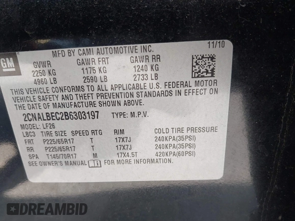 2011 Chevrolet Equinox LS with VIN 2CNALBEC2B6303197, listed as a IAAI auction lot 41869030 with 146,591 mi miles and . Bid and sale history available at DreamBid. Image 9.