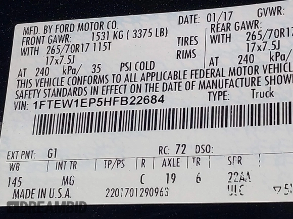 2017 Ford F-150 XL with VIN 1FTEW1EP5HFB22684, listed as a IAAI auction lot 42447842 with 187,686 mi miles and . Bid and sale history available at DreamBid. Image 9.