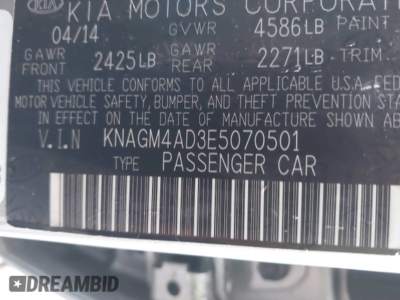 2014 Kia Optima LX with VIN KNAGM4AD3E5070501, listed as a IAAI auction lot 38764893 with 69,738 mi miles and . Bid and sale history available at DreamBid. Image 9.