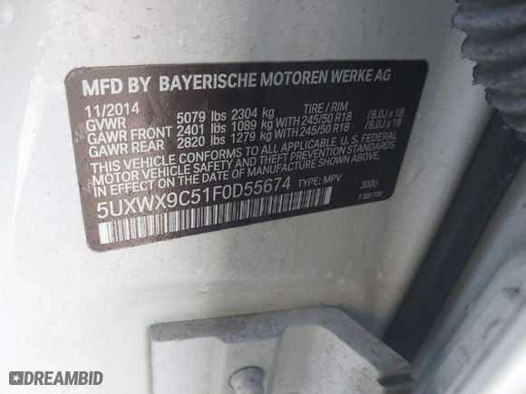 2015 BMW X3 xDrive28i with VIN 5UXWX9C51F0D55674, listed as a IAAI auction lot 41846056 with 95,277 mi miles. Bid and sale history available at carsss.com. Image 9.