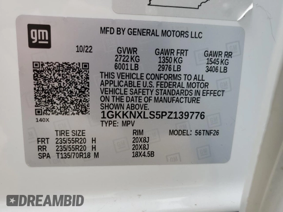 2023 GMC Acadia Denali with VIN 1GKKNXLS5PZ139776, listed as a Copart auction lot 55449835 with 18,418 mi miles and Salvage title. Bid and sale history available at DreamBid. Image 13.