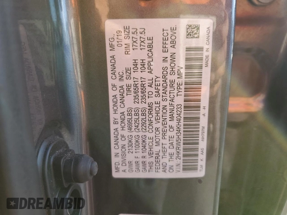 2019 Honda CR-V LX with VIN 2HKRW5H34KH404233, listed as a Copart auction lot 45084855 with Not Provided miles and Salvage Title. Bid and sale history available at carsss.com. Image 15.
