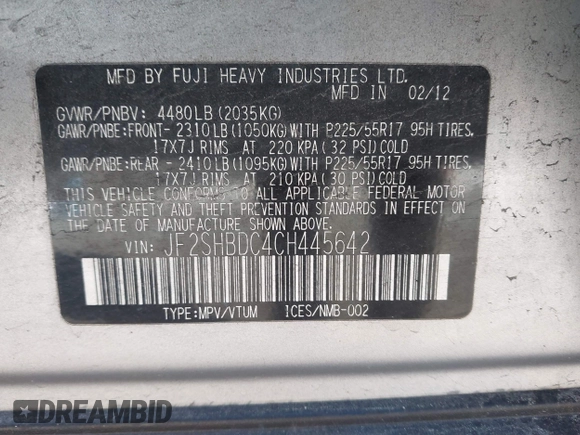 2012 Subaru Forester X Premium with VIN JF2SHBDC4CH445642, listed as a IAAI auction lot 41865977 with 136,838 mi miles and . Bid and sale history available at DreamBid. Image 9.