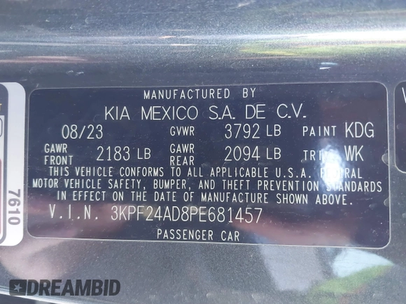2023 Kia Forte LXS with VIN 3KPF24AD8PE681457, listed as a IAAI auction lot 41622896 with 49,776 mi miles. Bid and sale history available at carsss.com. Image 9.
