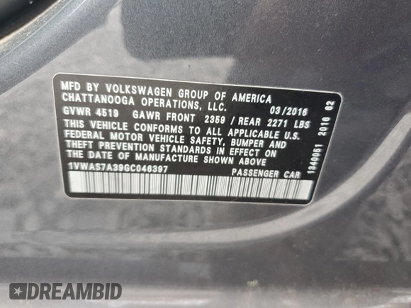 2016 Volkswagen Passat S with VIN 1VWAS7A39GC046397, listed as a Copart auction lot 51250935 with 147,657 mi miles and Salvage title. Bid and sale history available at DreamBid. Image 14.