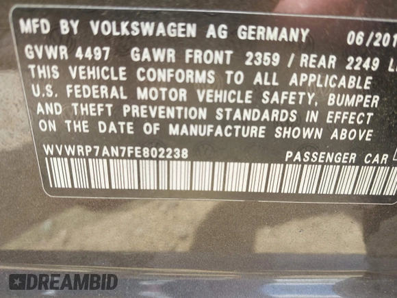 2015 Volkswagen CC Executive с VIN WVWRP7AN7FE802238, выставлен на аукционе IAAI как лот 42321727 с пробегом 65 933 миль миль и . История ставок и продаж доступна на DreamBid. Изображение 9.