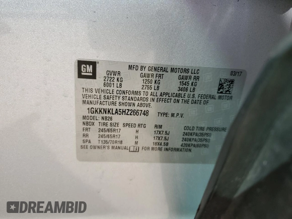2017 GMC Acadia SLE with VIN 1GKKNKLA5HZ266748, listed as a Copart auction lot 50699755 with 96,546 mi miles and Salvage Title. Bid and sale history available at DreamBid. Image 12.