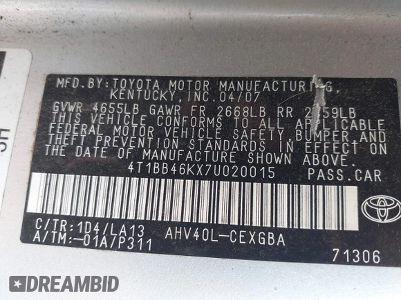 2007 Toyota Camry with VIN 4T1BB46KX7U020015, listed as a IAAI auction lot 42411157 with 256,430 mi miles and . Bid and sale history available at DreamBid. Image 9.