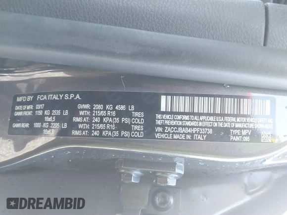 2017 Jeep Renegade Sport with VIN ZACCJBAB4HPF33738, listed as a IAAI auction lot 41754812 with 137,721 mi miles and . Bid and sale history available at carsss.com. Image 9.