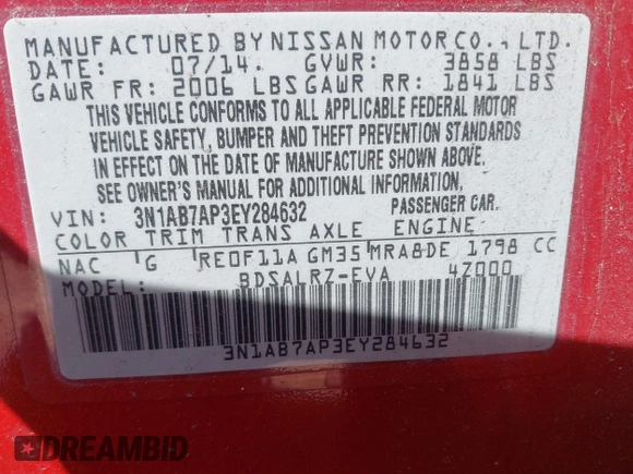 2014 Nissan Sentra SR with VIN 3N1AB7AP3EY284632, listed as a IAAI auction lot 41798283 with 151,160 mi miles and . Bid and sale history available at DreamBid. Image 9.