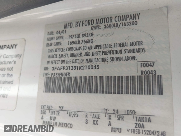 2001 Ford Focus ZX3 z VIN 3FAFP31381R210045, wystawiony jako IAAI lot #41912083 z przebiegiem 52 931 mil mil oraz . Historia ofert i sprzedaży dostępna na DreamBid. Obrazek 9.