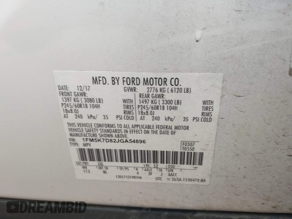 2018 Ford Explorer XLT with VIN 1FM5K7D82JGA54896, listed as a IAAI auction lot 42105397 with Not provided miles and . Bid and sale history available at DreamBid. Image 9.