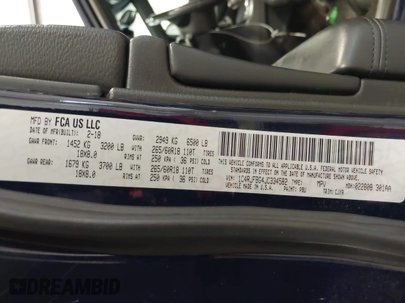 2018 Jeep Grand Cherokee Limited with VIN 1C4RJFBG4JC334582, listed as a IAAI auction lot 42137075 with 57,400 mi miles and . Bid and sale history available at DreamBid. Image 9.