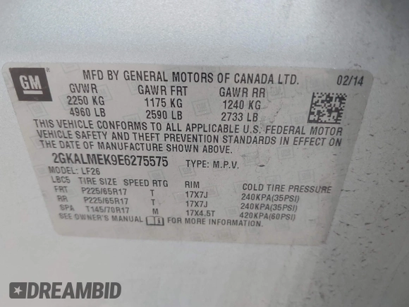 2014 GMC Terrain SLE with VIN 2GKALMEK9E6275575, listed as a IAAI auction lot 41886009 with 118,743 mi miles. Bid and sale history available at carsss.com. Image 9.