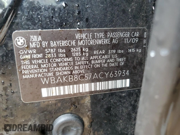 2010 BMW 7 Series 750Li z VIN WBAKB8C57ACY63934, wystawiony jako Copart lot #58851285 z przebiegiem Nie podano mil oraz Czysty tytuł • Clean title. Historia ofert i sprzedaży dostępna na DreamBid. Obrazek 12.