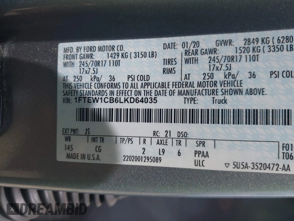 2020 Ford F-150 XL with VIN 1FTEW1CB6LKD64035, listed as a IAAI auction lot 42462331 with 31,073 mi miles and . Bid and sale history available at DreamBid. Image 9.