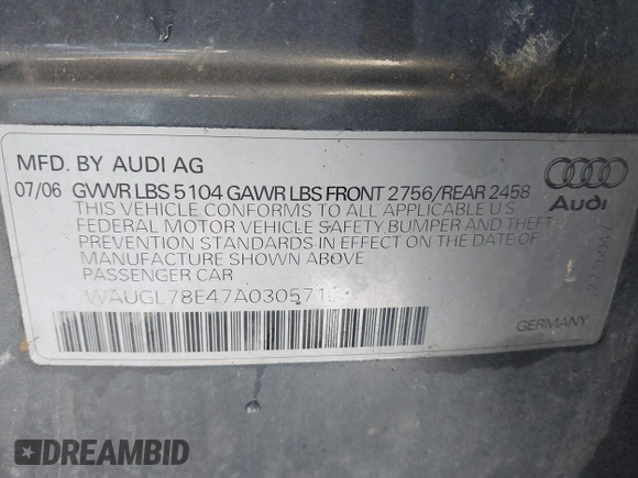 2007 Audi S4 z VIN WAUGL78E47A030571, wystawiony jako IAAI lot #41969041 z przebiegiem 170 319 mil mil oraz . Historia ofert i sprzedaży dostępna na DreamBid. Obrazek 9.