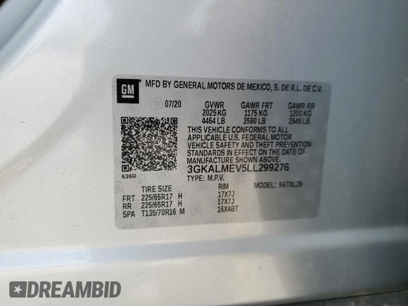 2020 GMC Terrain SLE with VIN 3GKALMEV5LL299276, listed as a Copart auction lot 59308945 with 36,075 mi miles and Salvage title. Bid and sale history available at DreamBid. Image 14.