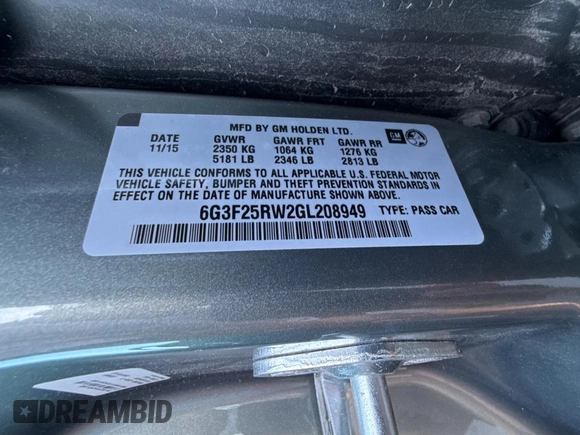 2016 Chevrolet SS with VIN 6G3F25RW2GL208949, listed as a Copart auction lot 60361885 with 35,219 mi miles and Salvage title. Bid and sale history available at DreamBid. Image 10.