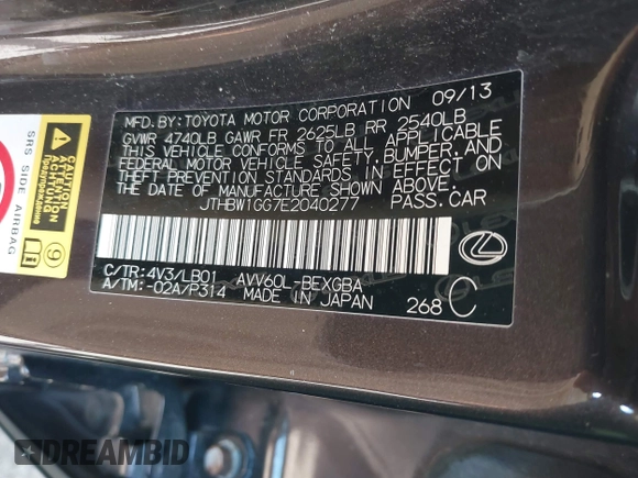 2014 Lexus ES 300h with VIN JTHBW1GG7E2040277, listed as a IAAI auction lot 41867667 with 104,623 mi miles and . Bid and sale history available at DreamBid. Image 9.