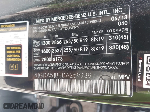 2013 Mercedes-Benz M 350 with VIN 4JGDA5JB8DA259939, listed as a IAAI auction lot 42219418 with 107,967 mi miles and . Bid and sale history available at DreamBid. Image 9.