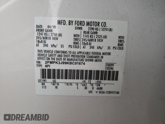 2019 Ford Edge SEL with VIN 2FMPK3J99KBC01674, listed as a Copart auction lot 49749485 with Not provided miles and Salvage title. Bid and sale history available at DreamBid. Image 14.