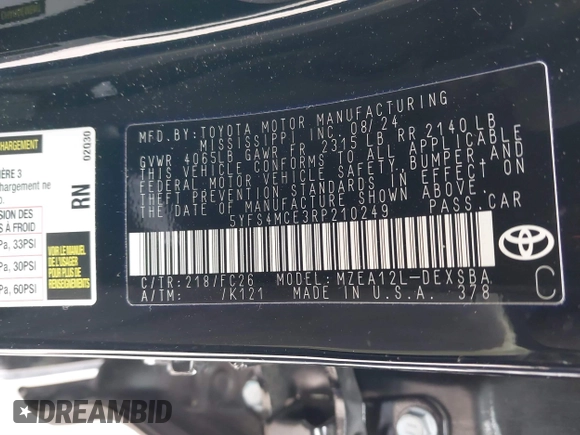 2024 Toyota Corolla SE with VIN 5YFS4MCE3RP210249, listed as a IAAI auction lot 41636260 with 10,403 mi miles and . Bid and sale history available at DreamBid. Image 9.