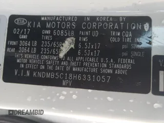2017 Kia Sedona LX with VIN KNDMB5C18H6331057, listed as a Copart auction lot 46455575 with 93,106 mi miles and Salvage Title. Bid and sale history available at carsss.com. Image 14.