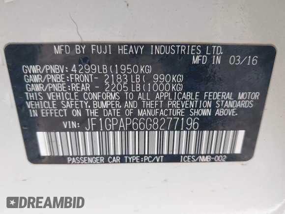 2016 Subaru Impreza Special Sports Premium с VIN JF1GPAP66G8277196, выставлен на аукционе IAAI как лот 41706425 с пробегом Не указан миль и . История ставок и продаж доступна на DreamBid. Изображение 9.