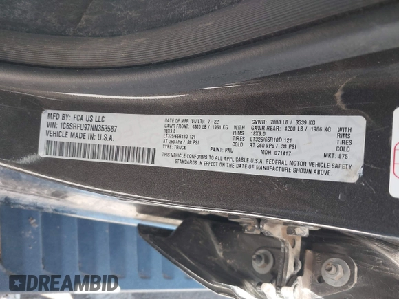 2022 Ram 1500 TRX with VIN 1C6SRFU97NN353587, listed as a IAAI auction lot 42174702 with 35,305 mi miles and . Bid and sale history available at DreamBid. Image 9.