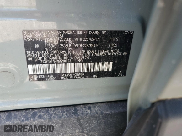 2022 Toyota RAV4 XLE with VIN 2T3P1RFV4NW290023, listed as a Copart auction lot 63184045 with 49,866 mi miles and Salvage title. Bid and sale history available at DreamBid. Image 13.