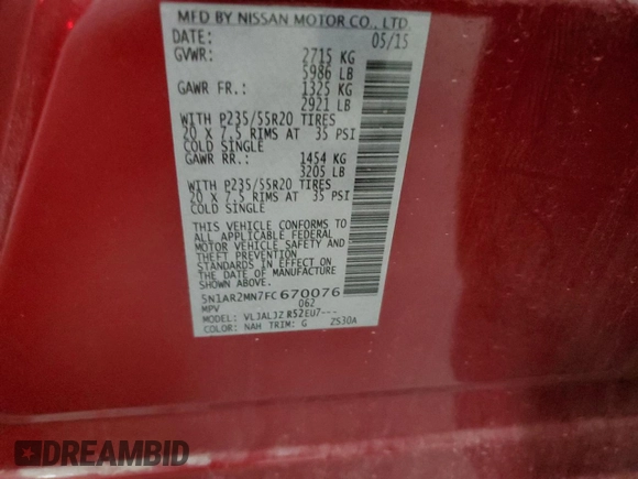 2015 Nissan Pathfinder Platinum with VIN 5N1AR2MN7FC670076, listed as a Copart auction lot 52498125 with 101,993 mi miles and Salvage title. Bid and sale history available at DreamBid. Image 15.