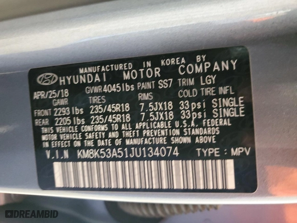 2018 Hyundai Kona Ultimate with VIN KM8K53A51JU134074, listed as a Copart auction lot 82484844 with 48,962 mi miles and Salvage Title. Bid and sale history available at carsss.com. Image 15.