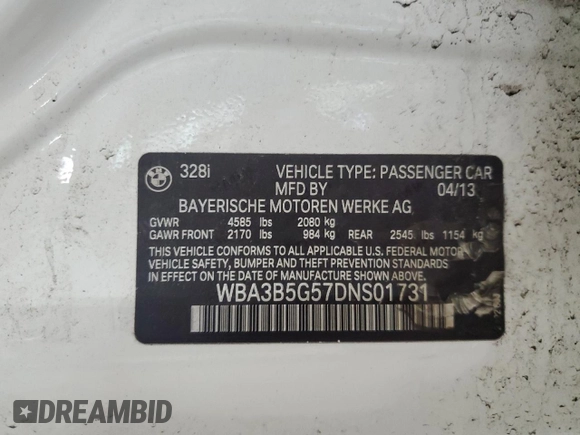 2013 BMW 3 Series 328i xDrive with VIN WBA3B5G57DNS01731, listed as a Copart auction lot 64355865 with 168,565 mi miles and Clean title. Bid and sale history available at DreamBid. Image 12.