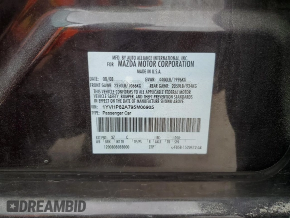 2009 Mazda 6 i Touring with VIN 1YVHP82A795M06905, listed as a Copart auction lot 51821555 with 144,165 mi miles and Salvage Title. Bid and sale history available at DreamBid. Image 12.