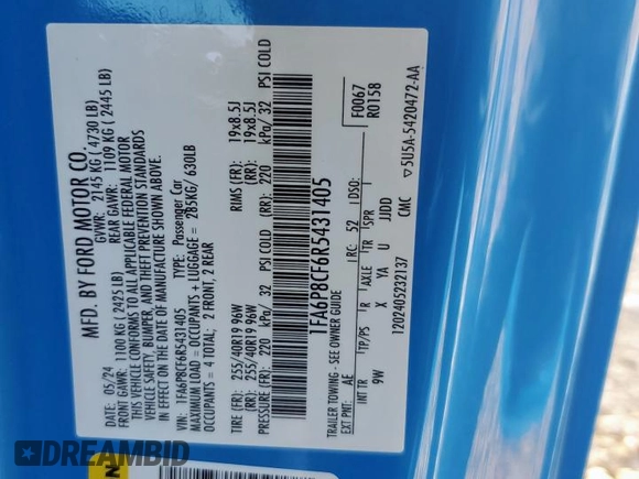 2024 Ford Mustang GT с VIN 1FA6P8CF6R5431405, выставлен на аукционе Copart как лот 64389805 с пробегом 26 094 миль миль и Списание • Salvage title. История ставок и продаж доступна на DreamBid. Изображение 12.