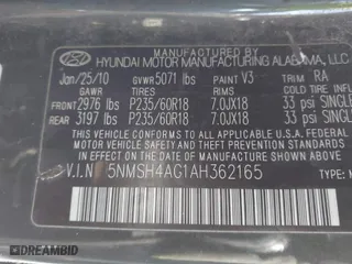 2010 Hyundai Santa Fe SE with VIN 5NMSH4AG1AH362165, listed as a IAAI auction lot 41534359 with 132,926 mi miles. Bid and sale history available at carsss.com. Image 9.
