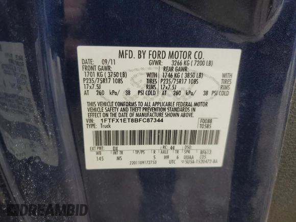 2011 Ford F-150 XL with VIN 1FTFX1ET8BFC87344, listed as a Copart auction lot 46576495 with 126,027 mi miles and Salvage Title. Bid and sale history available at carsss.com. Image 12.