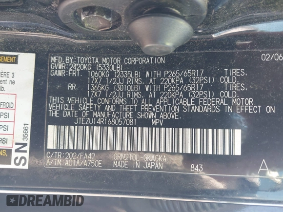 2006 Toyota 4Runner SR5 z VIN JTEZU14R168057081, wystawiony jako IAAI lot #42220634 z przebiegiem 224 022 mil mil oraz . Historia ofert i sprzedaży dostępna na DreamBid. Obrazek 9.