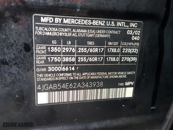2002 Mercedes-Benz M-Class with VIN 4JGAB54E62A343938, listed as a Copart auction lot 87127184 with 226,811 mi miles and Clean Title. Bid and sale history available at carsss.com. Image 12.